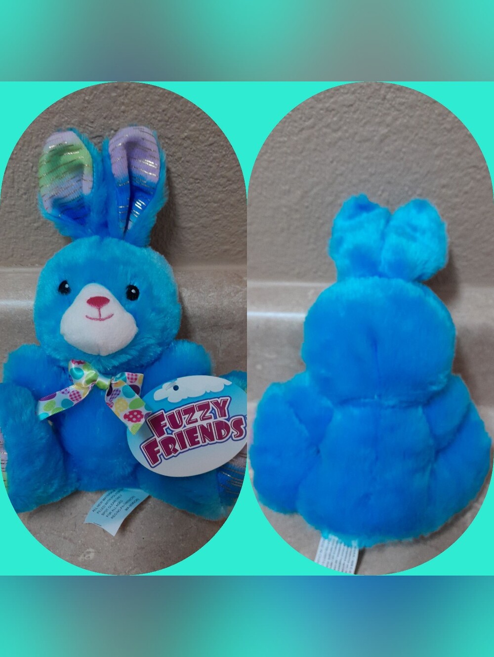Charming Blue Plush Bunny with Colorful Patterned Ears NWT Size:OS Fuzzy Friends